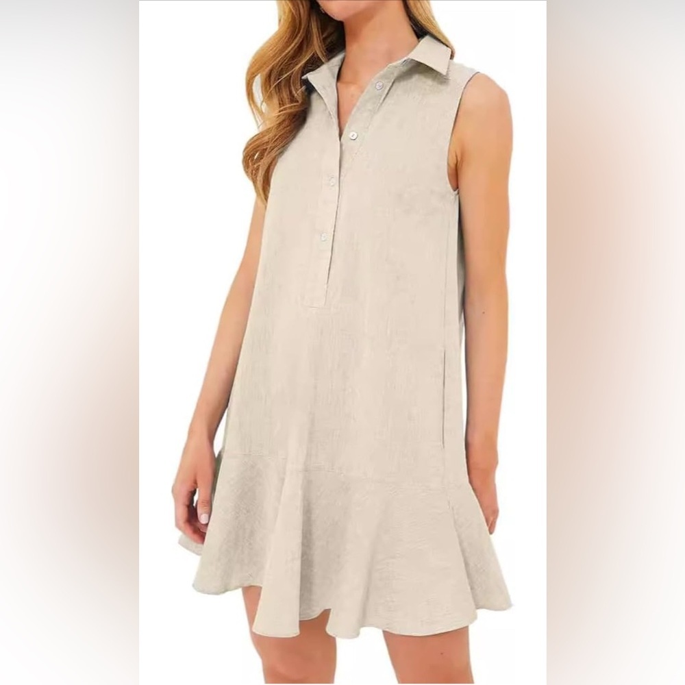 Sleeveless Beige Cotton Linen Ruffle‎ Hem Shirt Dress M NWT Pockets Chic